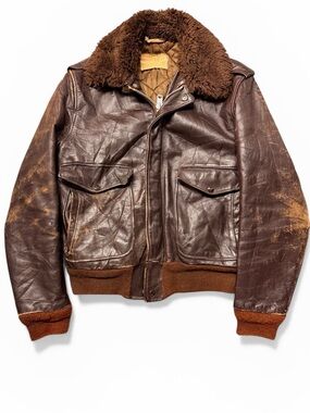 Vintage Brown Leather Bomber Jacket with Shearling Collar